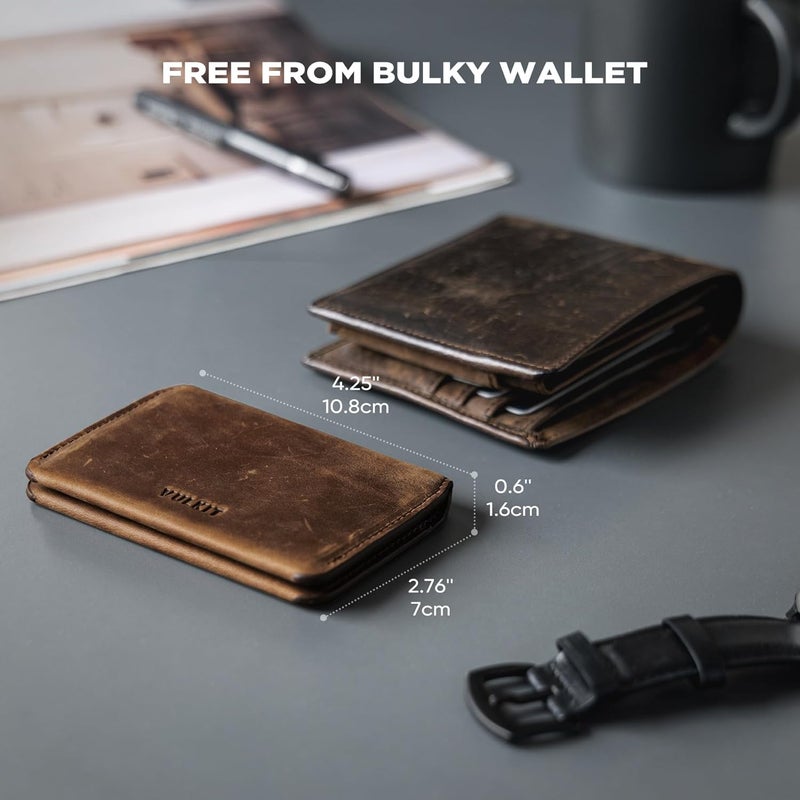 VULKIT حامل بطاقات رفيع وأنيق مع حماية RFID من الجلد، محفظة بطاقات ائتمان لحقيبة الجيب الأمامية، إغلاق مغناطيسي، نسخة مصنوعة يدويًا من جلد البقر - Image 4